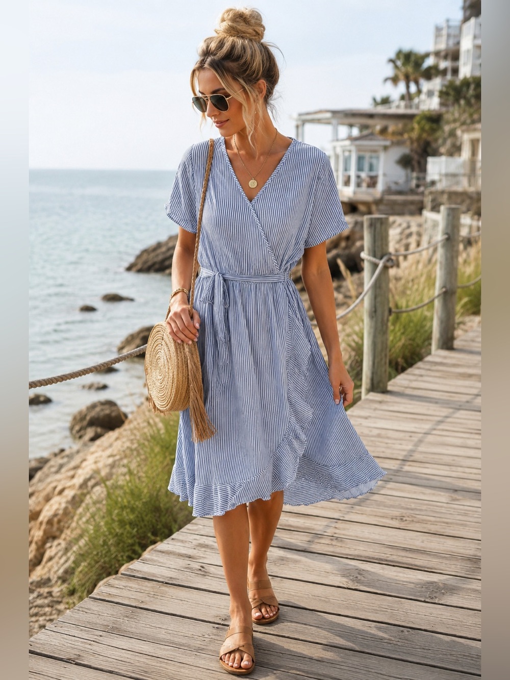 Nautical Americana Striped Blue White Faux Wrap Dress‎ Elastic Waist Petite XL